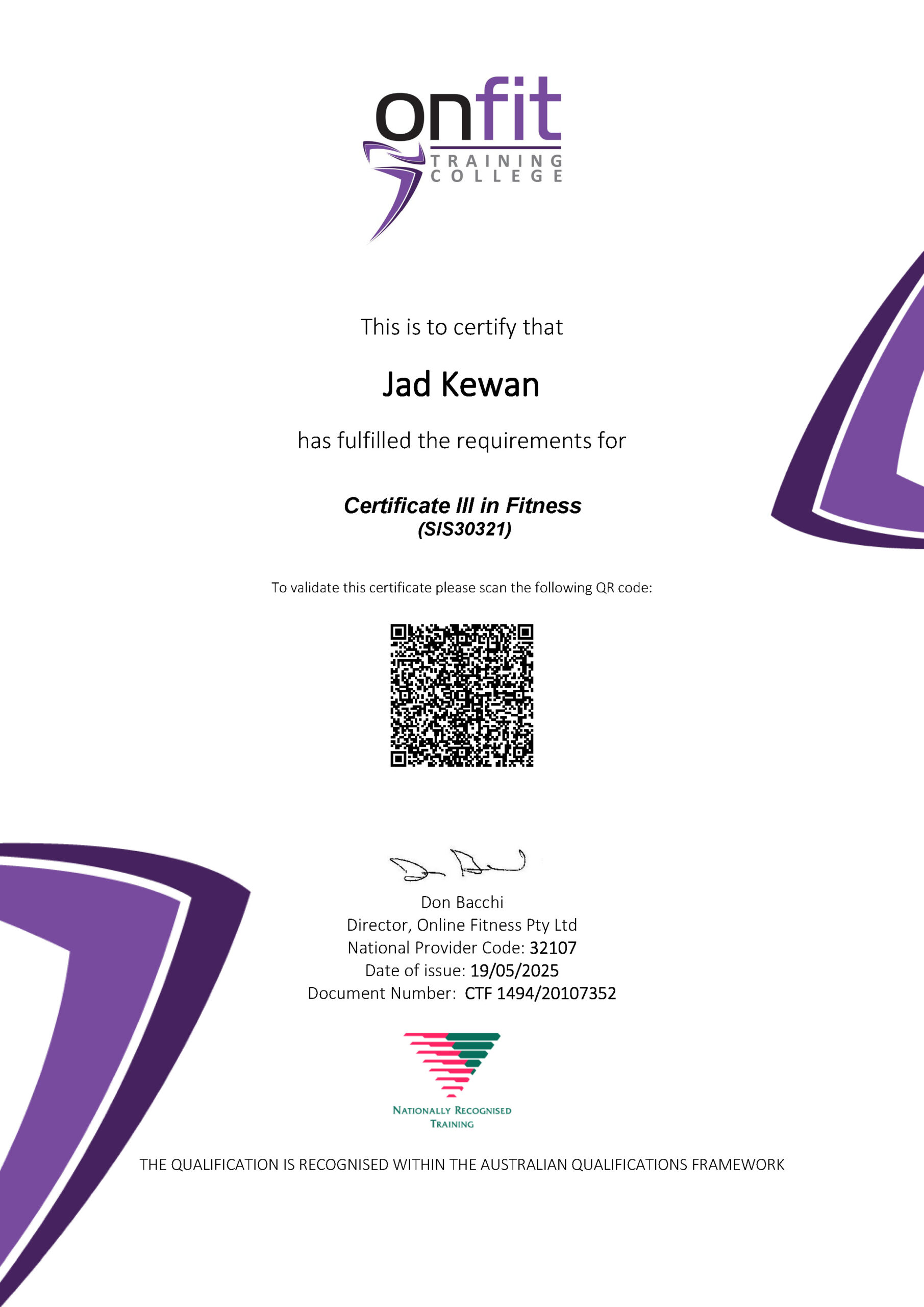 Certificate III in Fitness (SIS30321), Onfit Training College