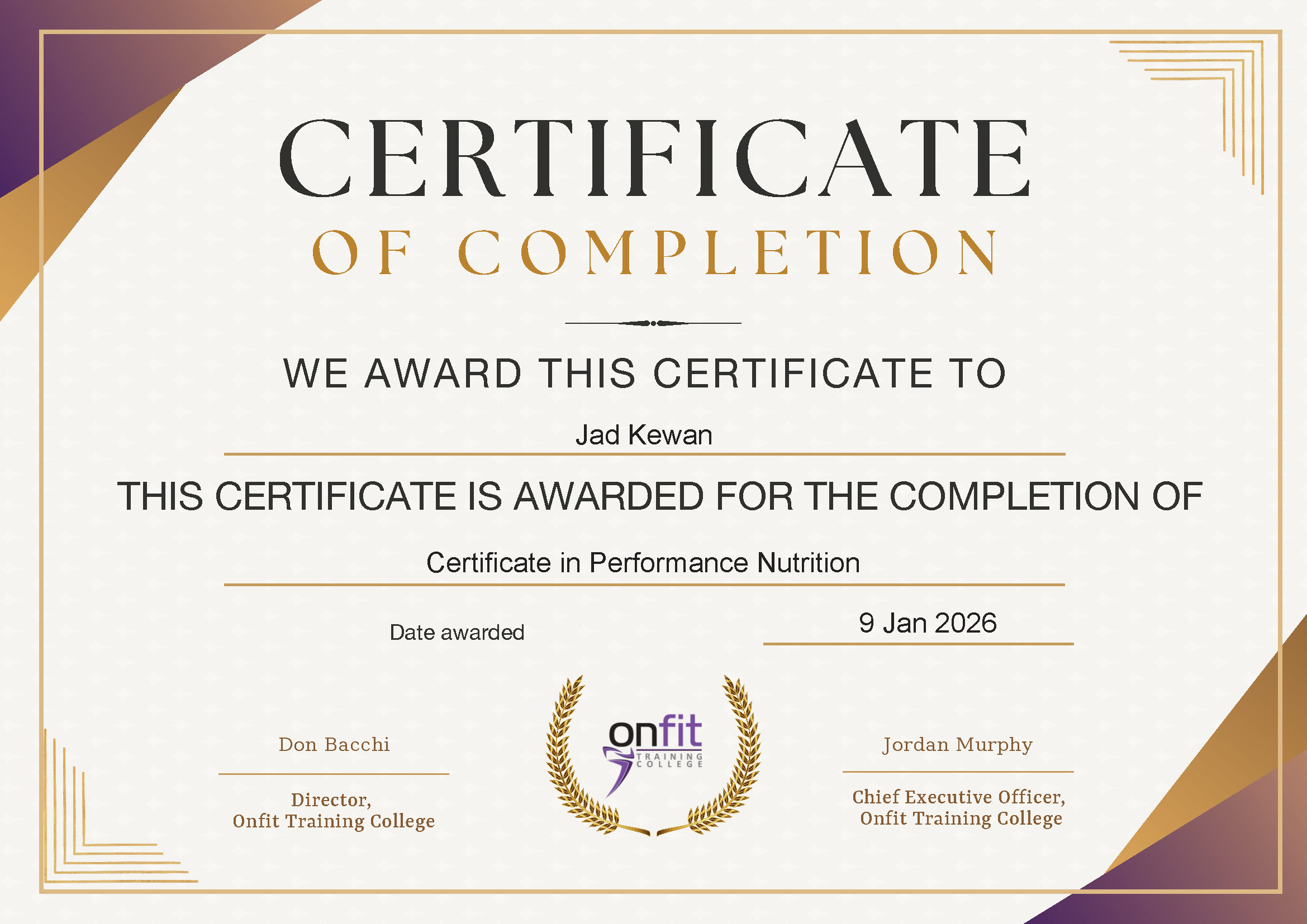 Certificate in Performance Nutrition, Onfit Training College